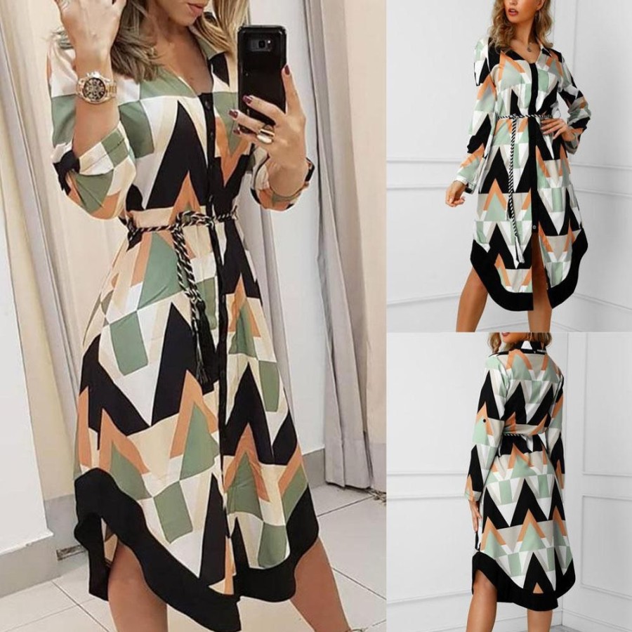 WOLFF Lange Kleider | Wolf Wellen-Druck Lange Armel Kleid