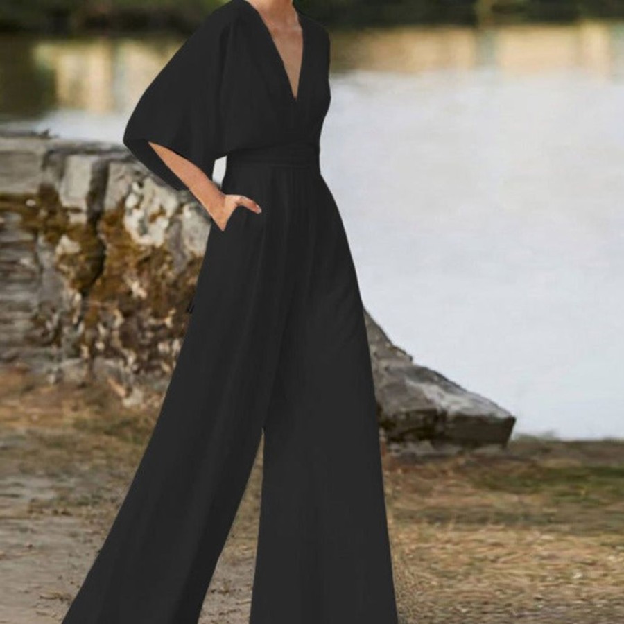WOLFF Zweiteiler Outfits | Wolf Einfacher V-Ausschnitt Halbe Armel Weites Bein Overall