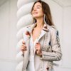 WOLFF Kurze Jacken | Canovi - Damen-Lederjacke Mit Nieten-Akzent Und Blumenmuster