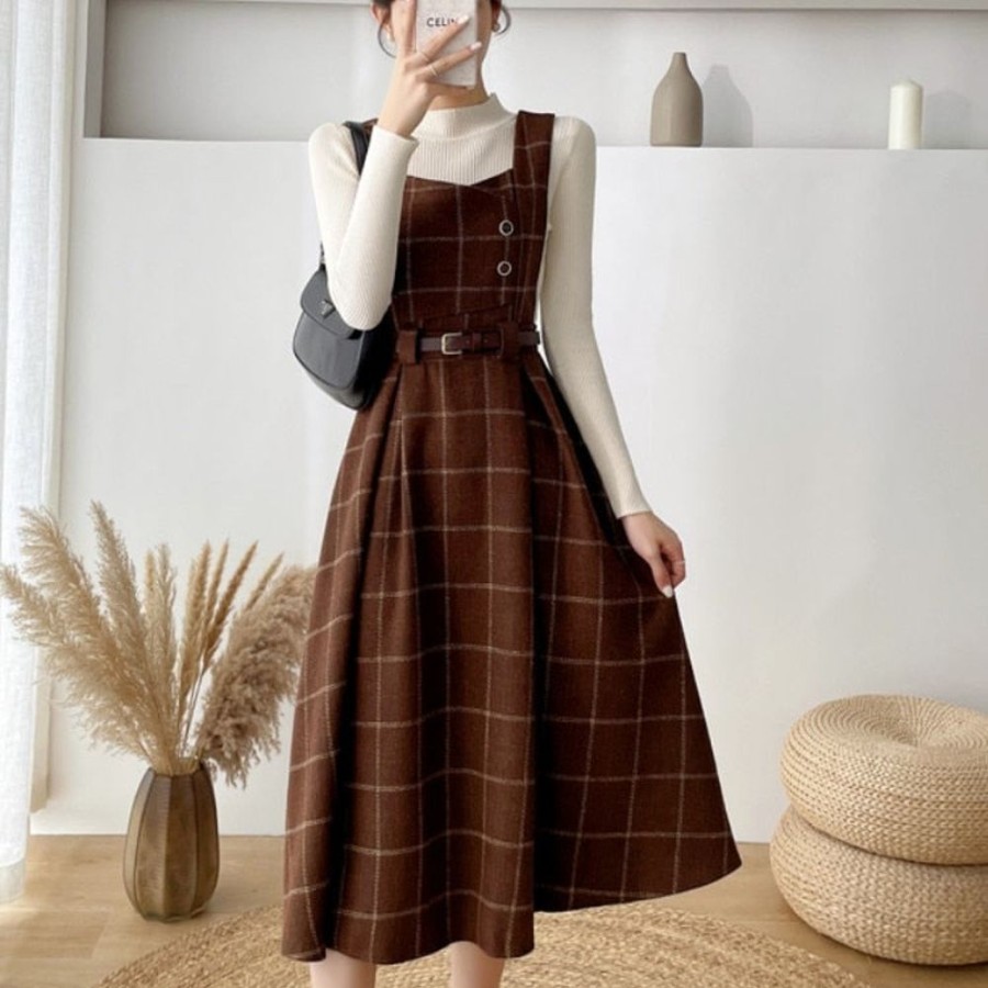 WOLFF Lange Kleider | Wolf Damenmode Latzhose 2 Stuck Set Kariert Tweed Schlank Groses Kleid