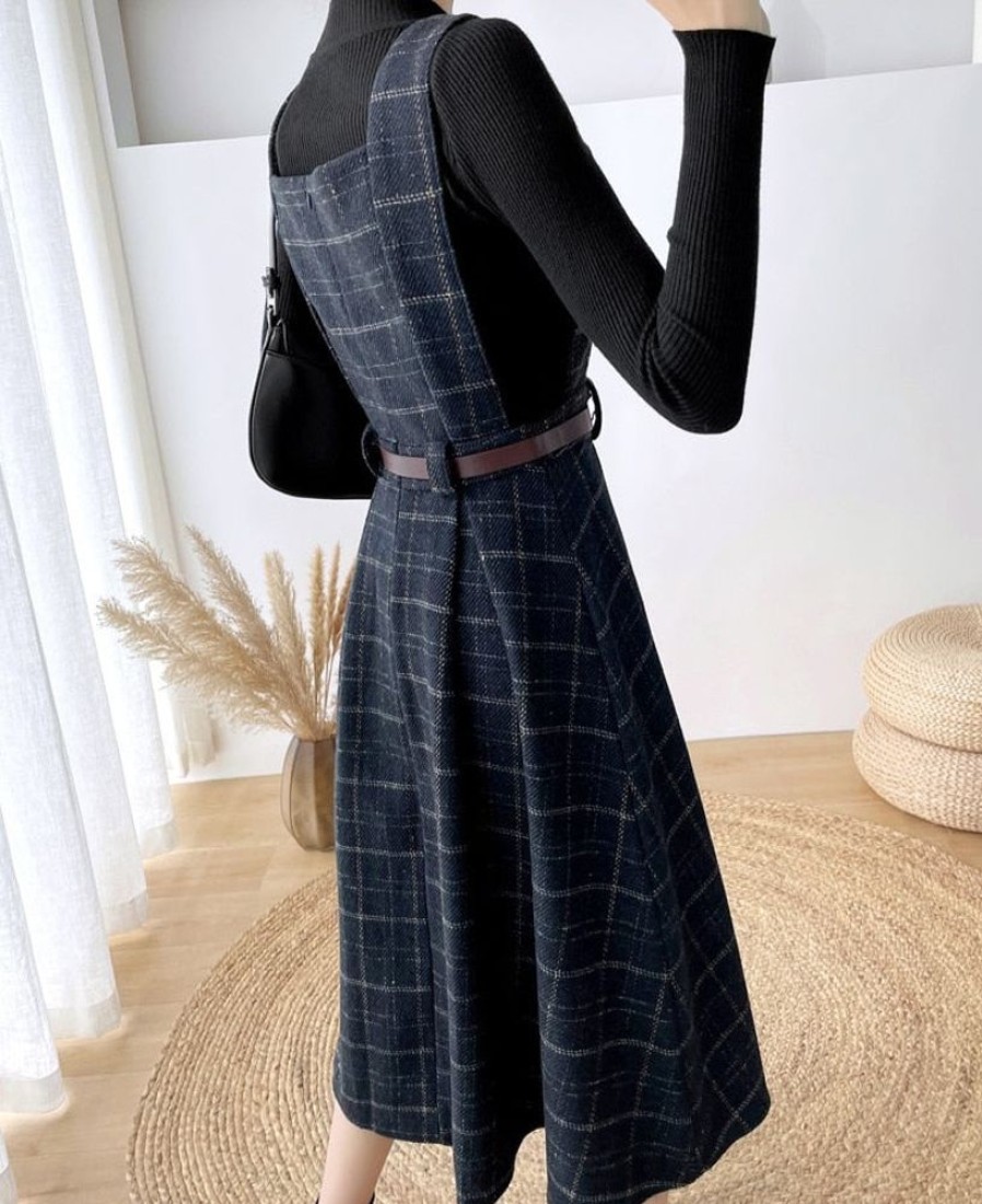 WOLFF Lange Kleider | Wolf Damenmode Latzhose 2 Stuck Set Kariert Tweed Schlank Groses Kleid