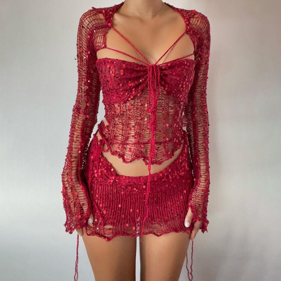 WOLFF Zweiteiler Outfits | Wolf Zweiteiliges Langarmeliges Oberteil Aus Paillettenstrick Mit Ausschnitt Bodycon-Rockchen