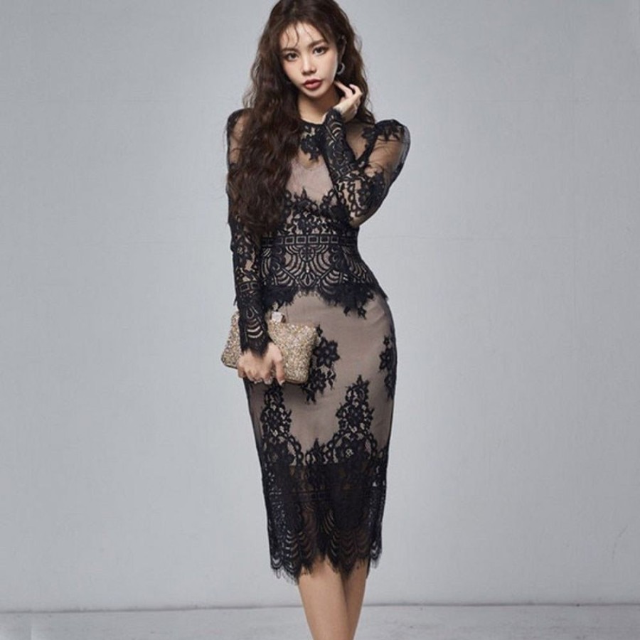 WOLFF Lange Kleider | Wolff Spitze Haken Blume Perspektive Bodycon Kleid