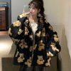 WOLFF Kurze Jacken | Wolff Harajuku Bar Teddy Druck Plusch Jacke Flauschige Kapuze Oberbekleidung