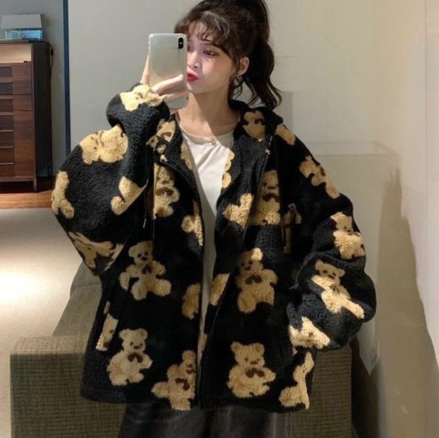 WOLFF Kurze Jacken | Wolff Harajuku Bar Teddy Druck Plusch Jacke Flauschige Kapuze Oberbekleidung
