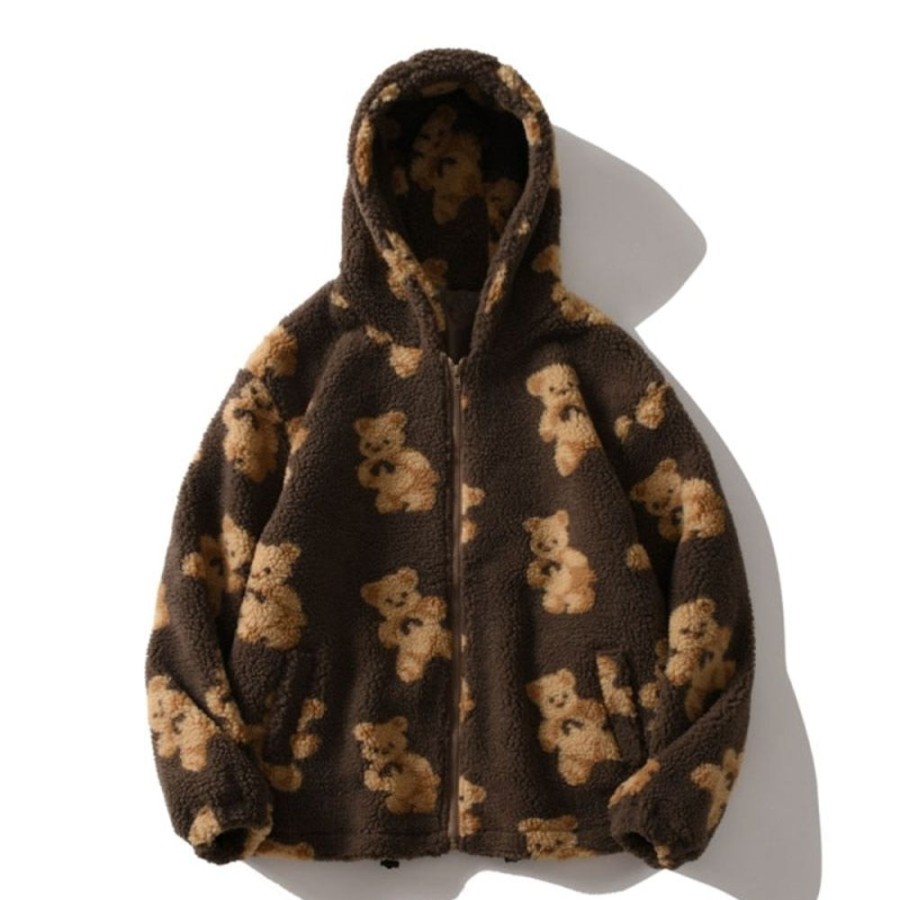 WOLFF Kurze Jacken | Wolff Harajuku Bar Teddy Druck Plusch Jacke Flauschige Kapuze Oberbekleidung