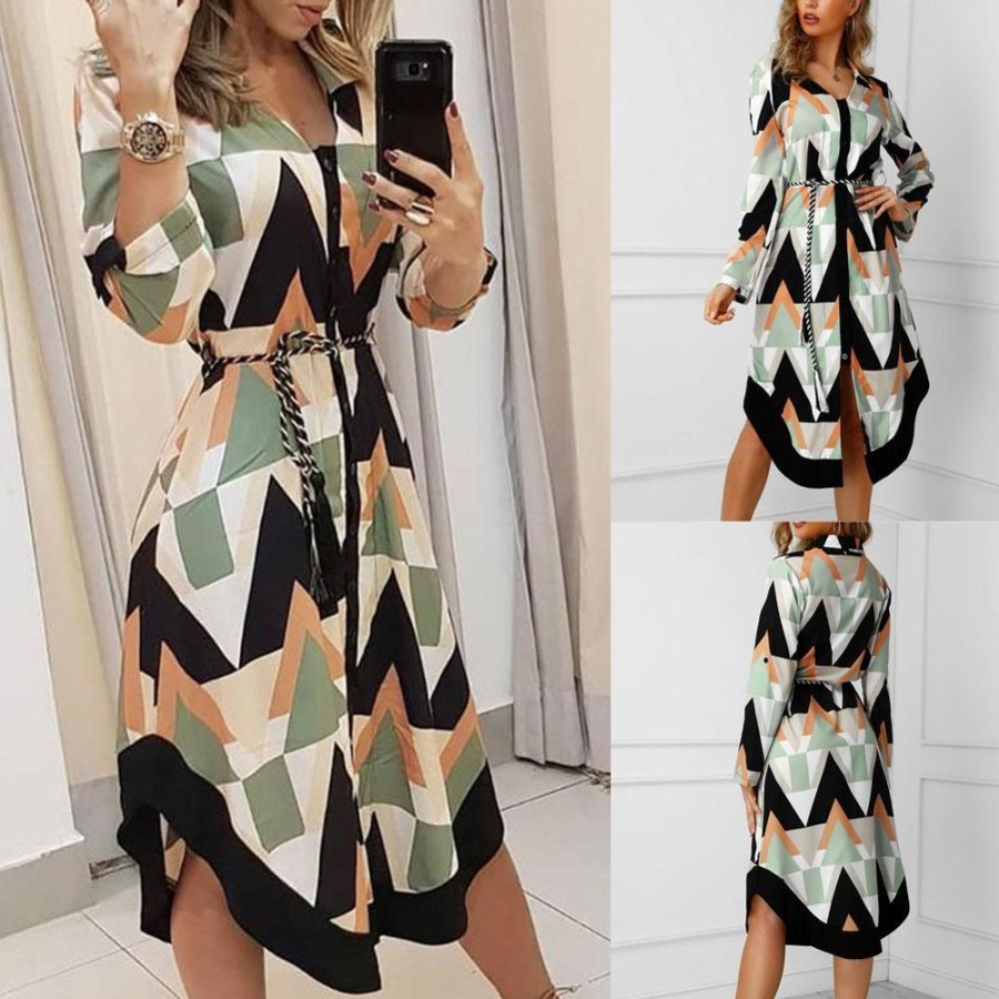WOLFF Lockere Kleider | Wolf Wellen-Druck Lange Armel Kleid