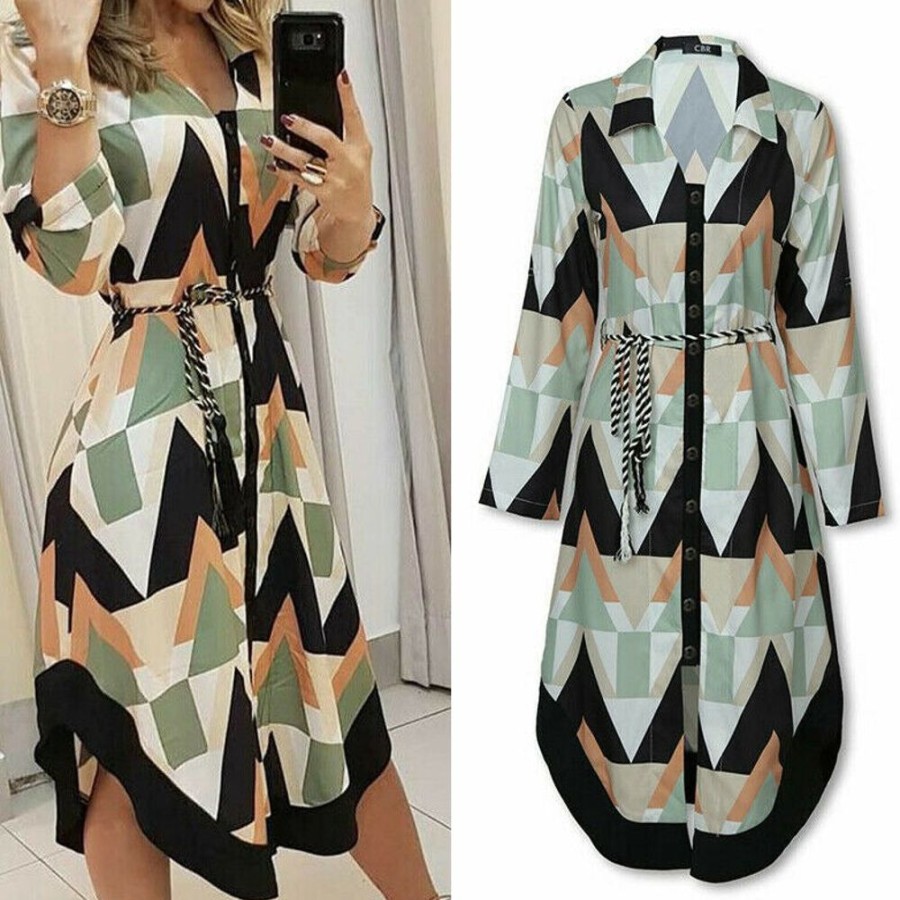 WOLFF Lockere Kleider | Wolf Wellen-Druck Lange Armel Kleid