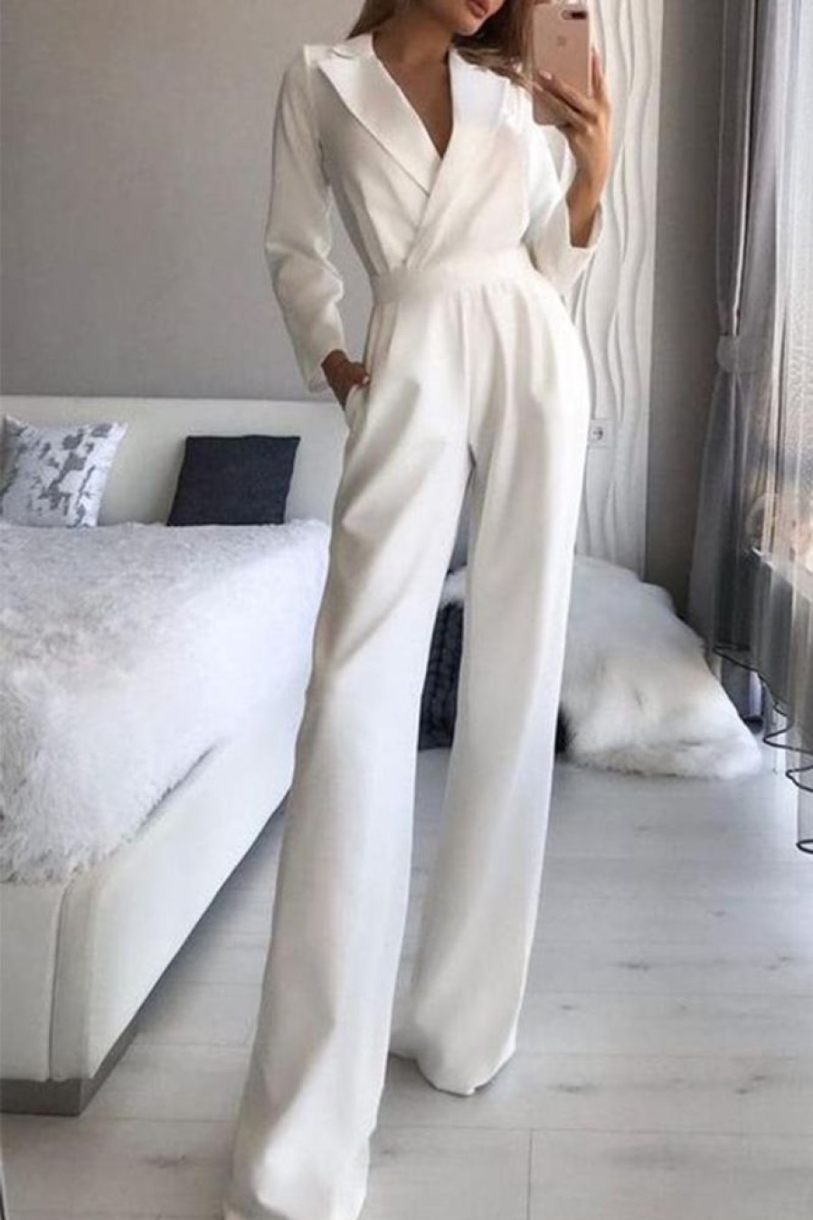 WOLFF Einteiler Outfits | Wolf Mode Elegante Umlegekragen Gerade Jumpsuits