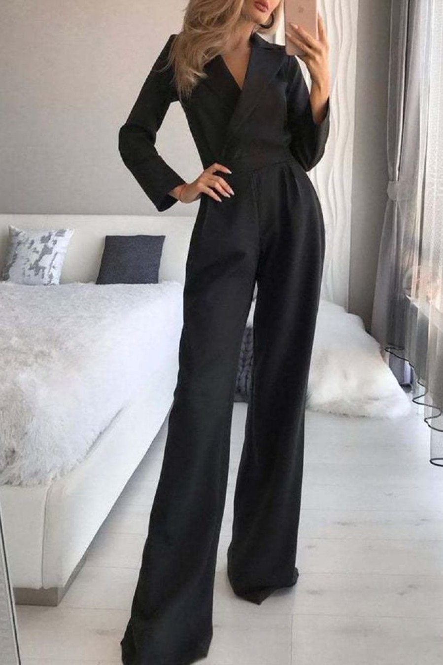 WOLFF Einteiler Outfits | Wolf Mode Elegante Umlegekragen Gerade Jumpsuits